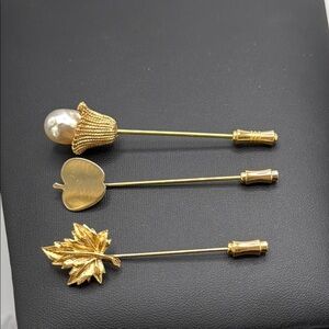 Set of 3 vintage stick pins hat pins gold tone apple flower and leaf